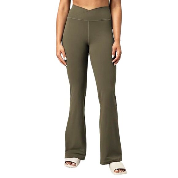 Colorfulkoala Women's Dreamlux Crossover Flare Leggings High Waist Olive Medium - Picture 1 of 5